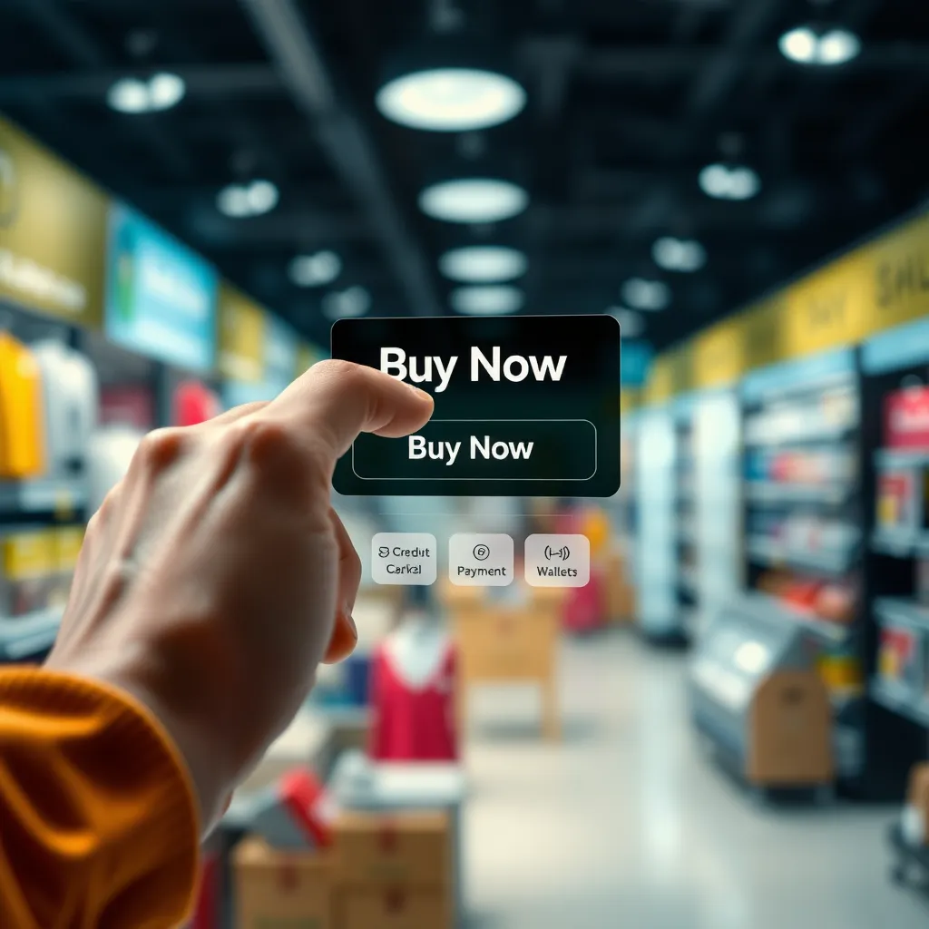 A close-up shot of a customer's hand hovering over a 'Buy Now' button on a product page, with a smooth, modern payment gateway interface appearing below, showcasing different payment options like credit cards and digital wallets. The background should be a blurred image of a bustling online store filled with various products.