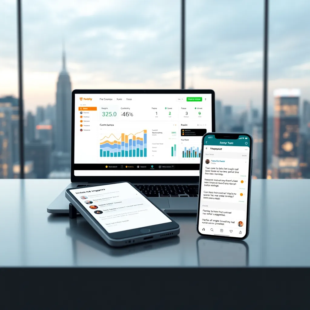 A futuristic, minimalist office setting with a laptop displaying an e-commerce dashboard showing real-time sales data and customer engagement metrics. A nearby smartphone is displaying a WhatsApp chat featuring automated responses to customer inquiries and order updates, demonstrating streamlined communication and operational efficiency. The background should be a blurred image of a bustling city skyline, symbolizing growth and success.