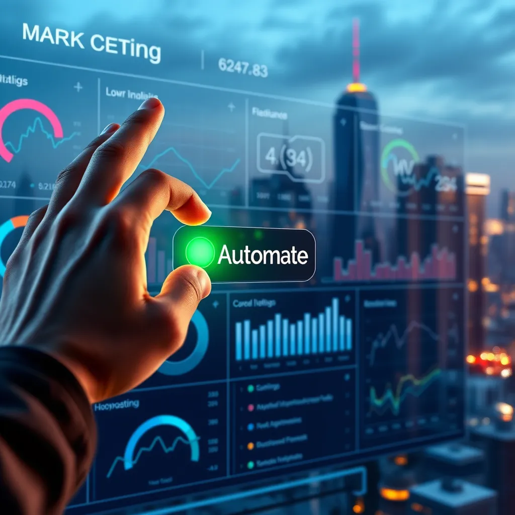 A futuristic-looking dashboard with graphs and charts showing marketing data. A person's hand is hovering over a button labeled 'Automate' with a green light, indicating activation. In the background, a cityscape with skyscrapers and buildings is visible, representing growth and success.