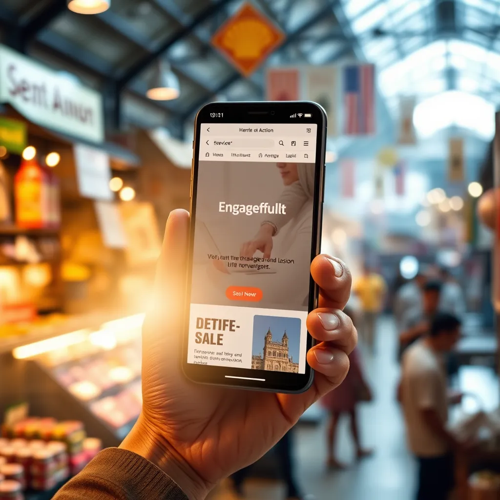 A hand holding a smartphone displaying a beautiful website with clear calls-to-action. The website is surrounded by a glowing light, symbolizing engagement. In the background, a bustling marketplace filled with diverse products is visible, representing increased conversions.