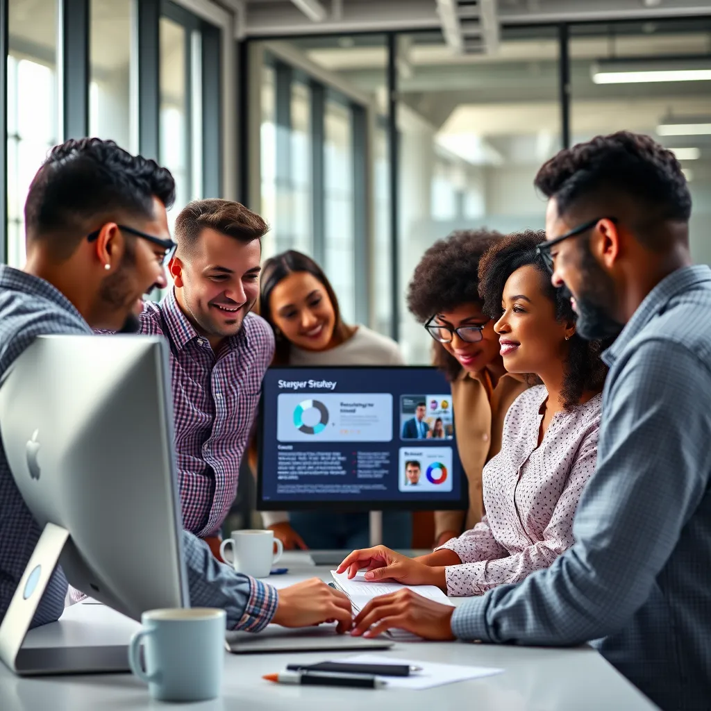 A team of diverse individuals working collaboratively on a project in a modern, bright office space. They are looking at a computer screen showing a website mockup and engaging in a conversation about strategy and data. The atmosphere should be positive, collaborative, and focused.